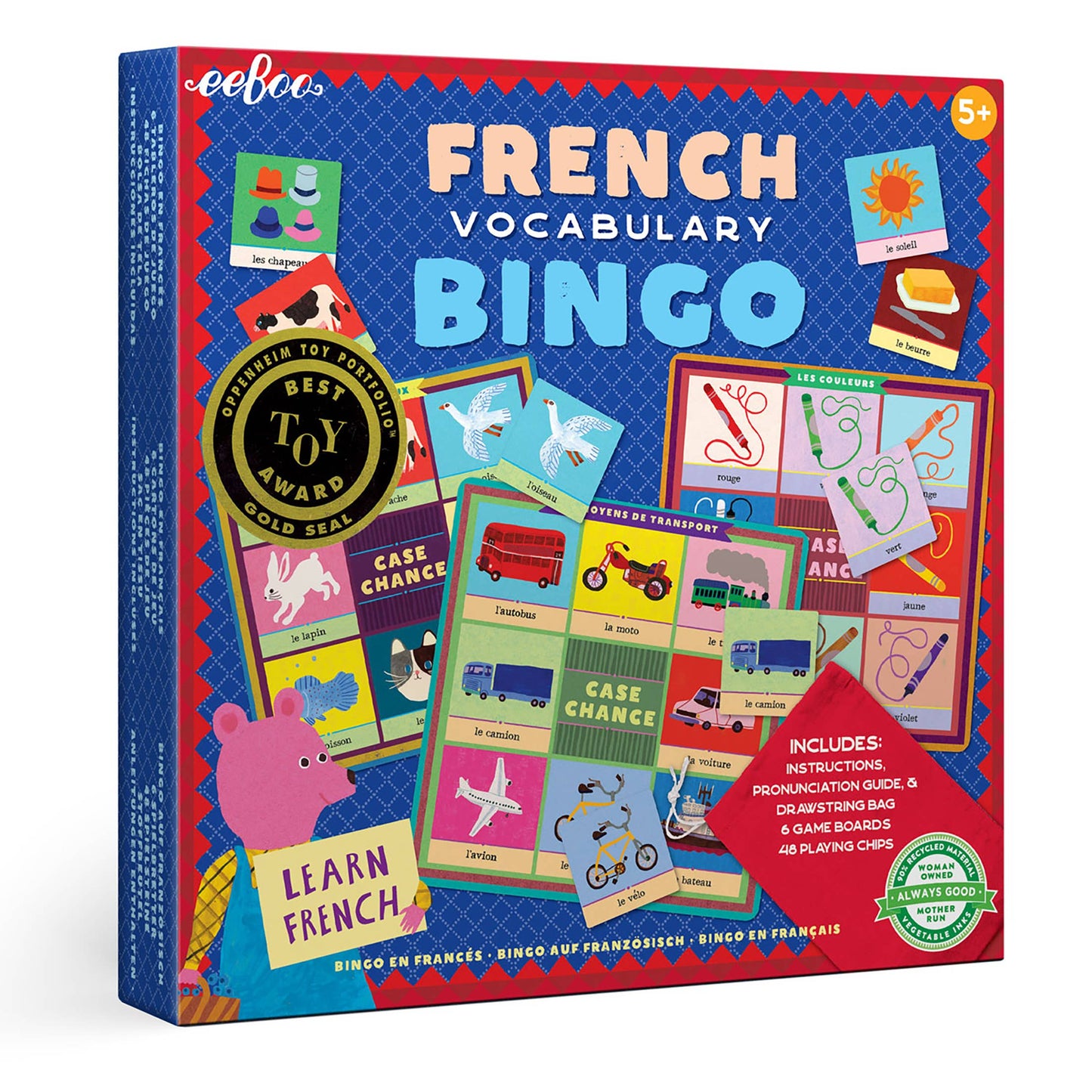 French Vocabulary Bingo game box with colorful design and toy award seal on a white background
