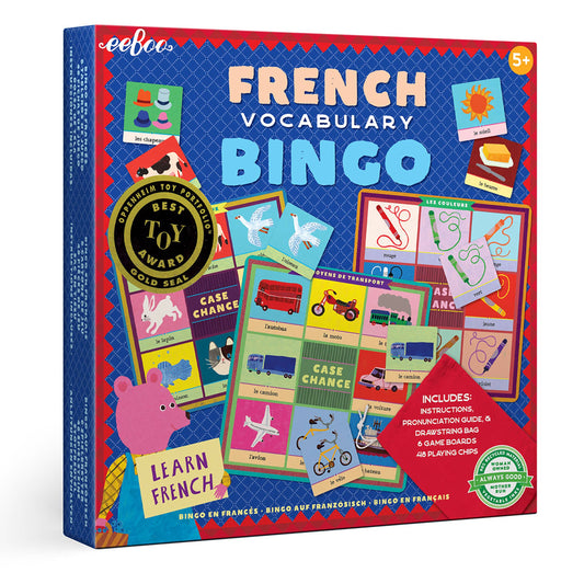 French Vocabulary Bingo game box with colorful design and toy award seal on a white background
