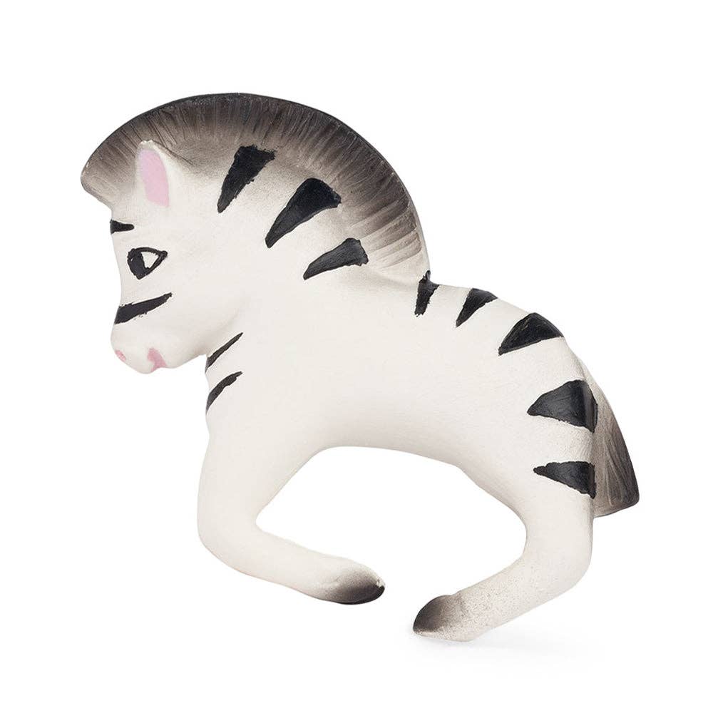 Teething zebra bracelet with black stripes on a white background