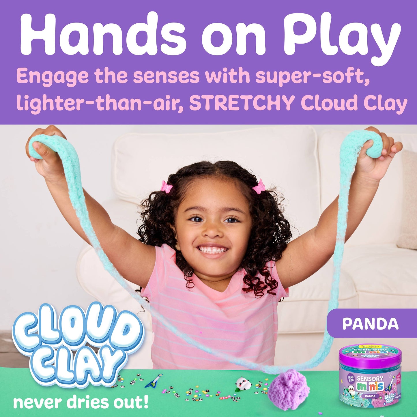 Child playing with Cloud Clay stretchy clay, with product packaging visible.
