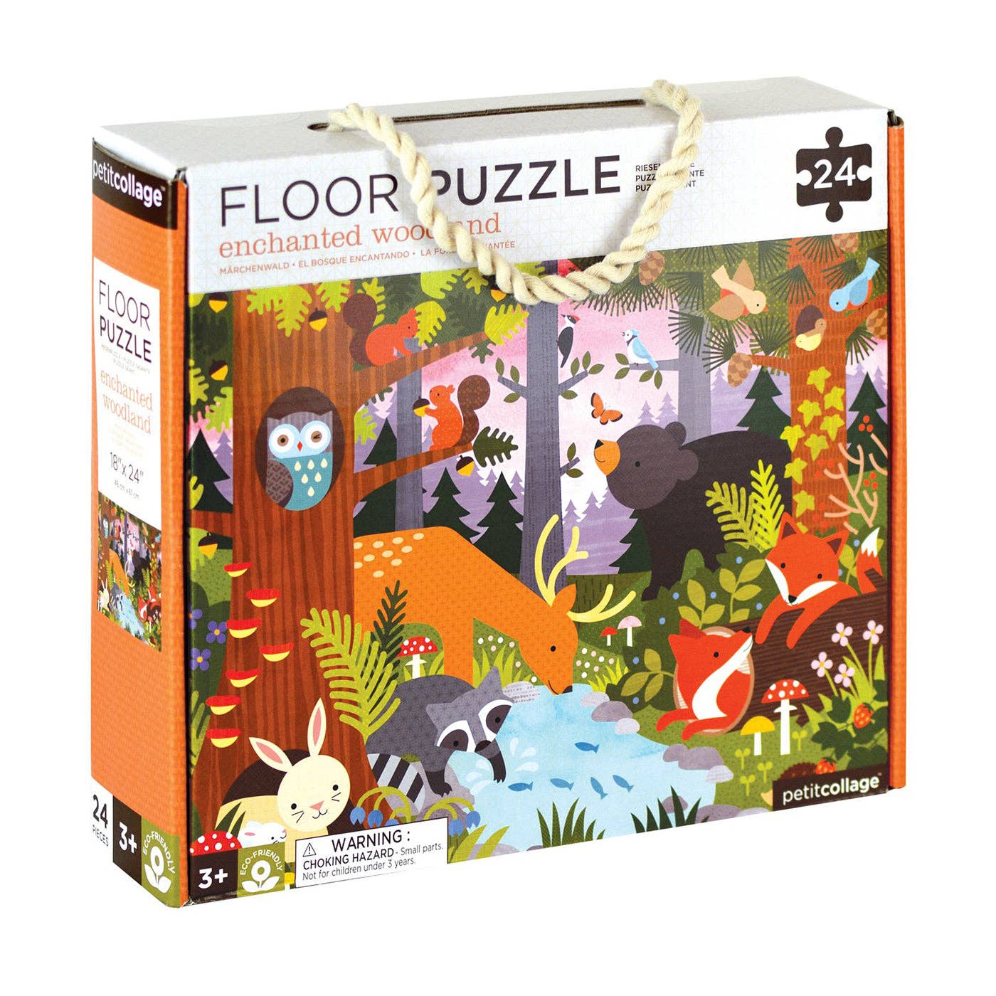 A 24-piece floor puzzle box with an illustration of an enchanted woodland scene, including animals like deer, bears, foxes, and rabbits.