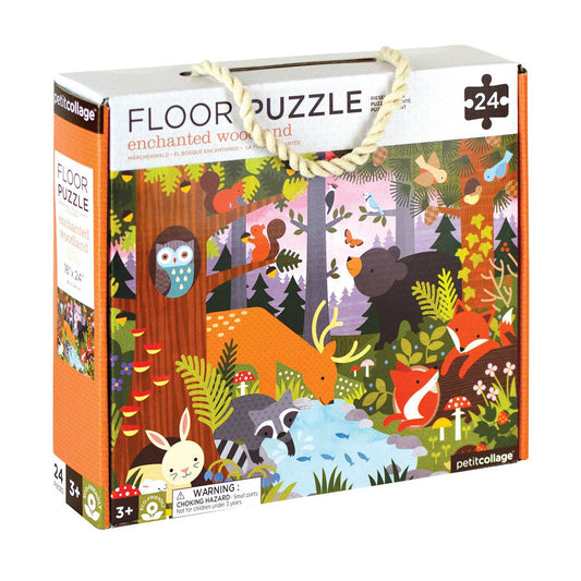 A 24-piece floor puzzle box with an illustration of an enchanted woodland scene, including animals like deer, bears, foxes, and rabbits.
