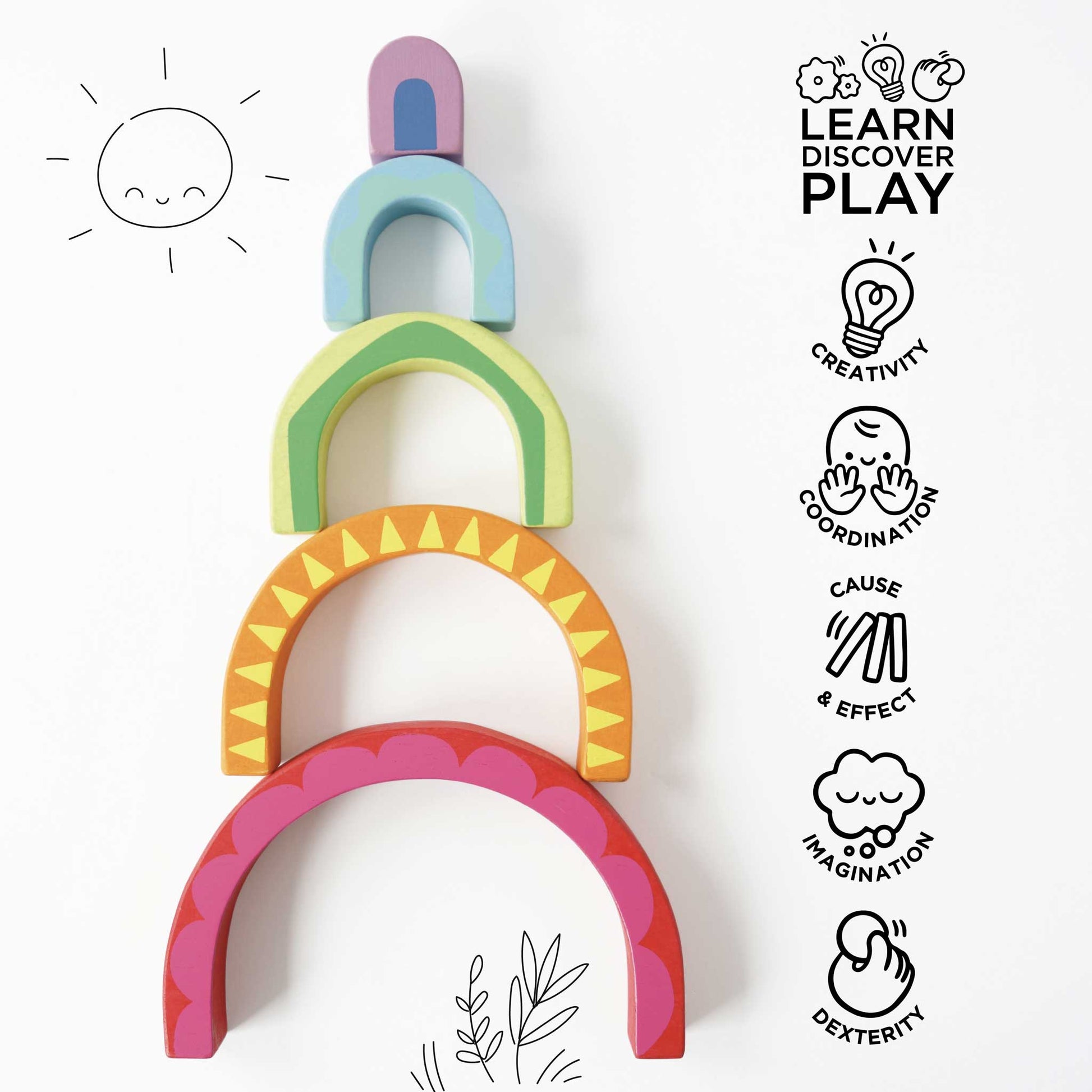 Set of colorful arch-shaped toys with educational icons and text on a white background