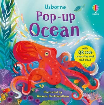 Book cover of 'Pop-up Ocean' by Usborne with a colorful octopus illustration.
