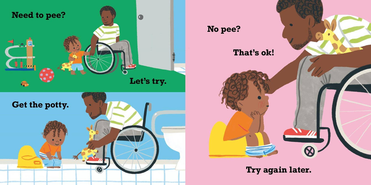 A four-panel illustrated children's poster with text and simple scenes showing a child using the toilet, with one panel showing a wheelchair and the others showing a seated figure in a real-world bathroom setting. Because this is a printed/digital educational poster rather than a physical product photo, the best fit is Other rather than Product/Packaging.