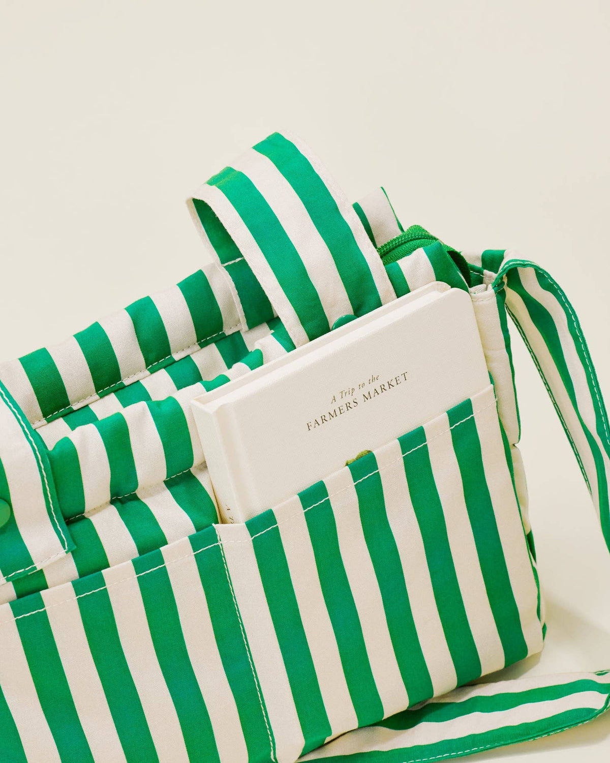 Green and white striped bag with a book titled 'A Day at the Farmers Market' on a light background