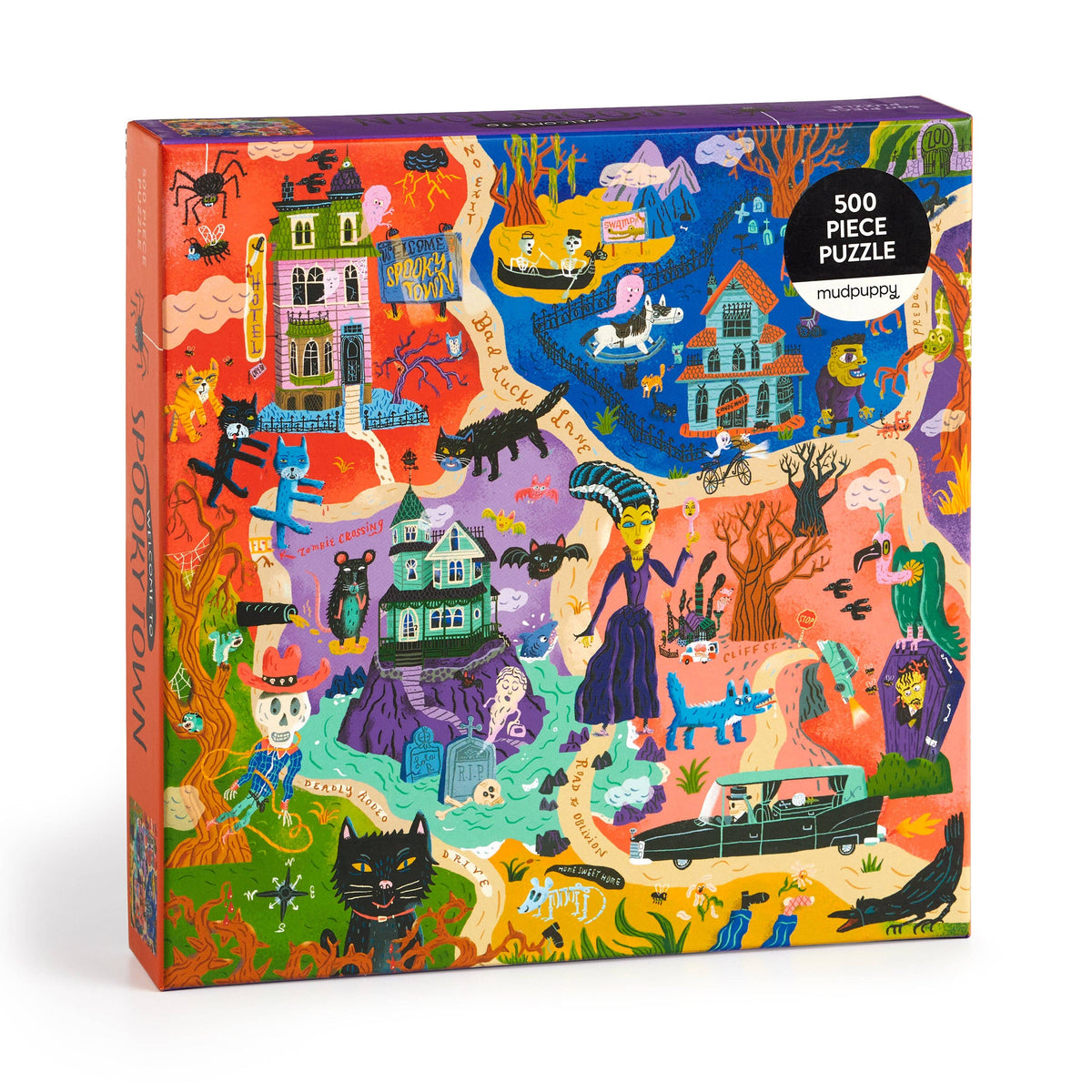 Colorful puzzle box with Halloween-themed design featuring houses, cats, and other elements.