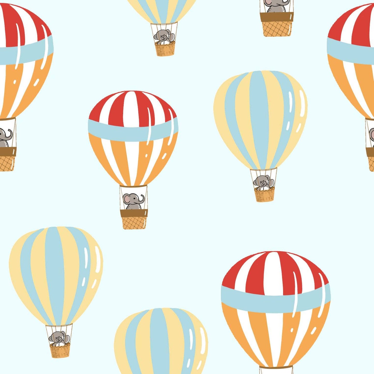 Pattern of colorful hot air balloons with small animals inside on a light blue background.