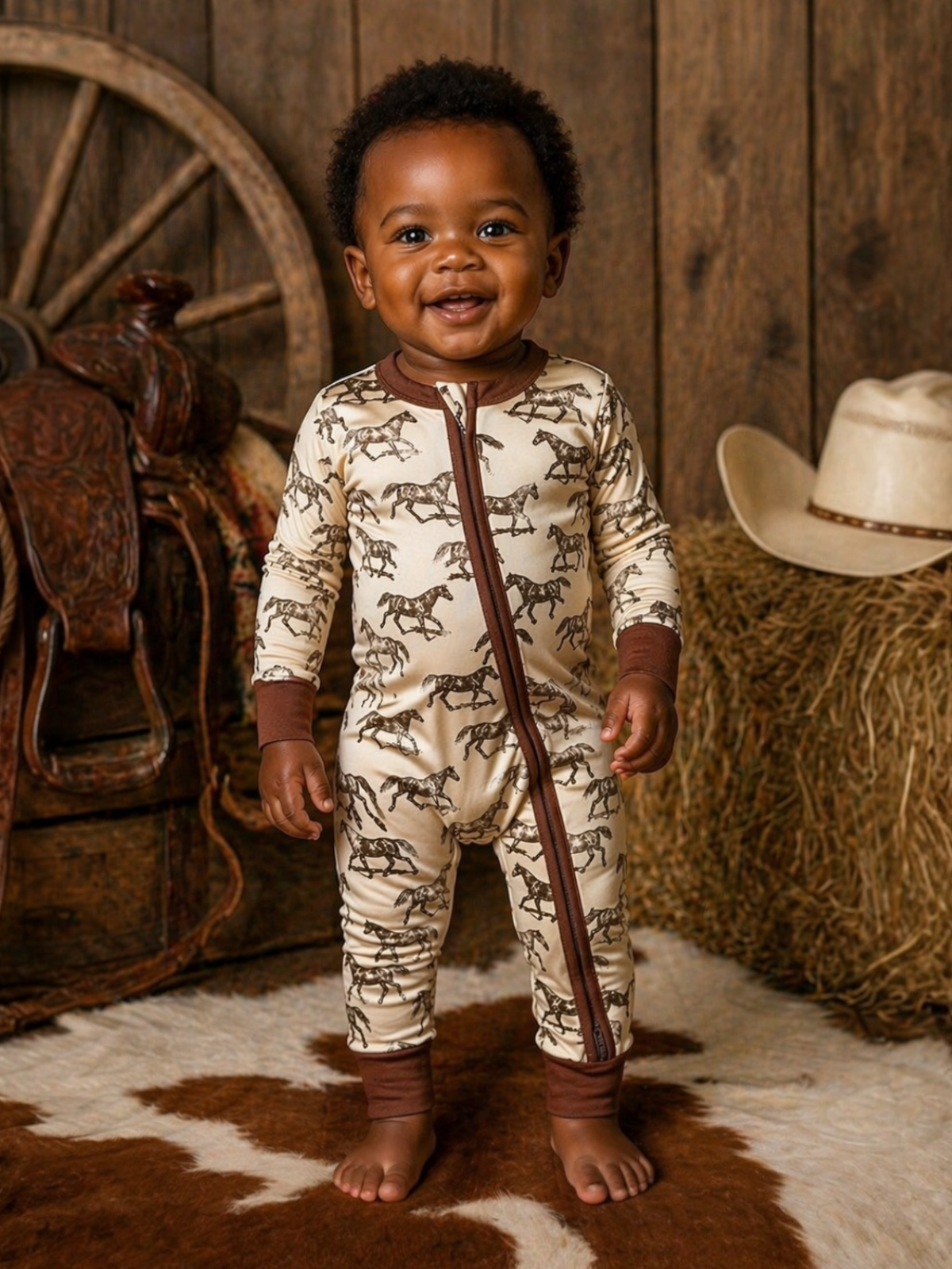 A smiling baby stands barefoot in a rustic western-themed setting, wearing a cream zip-front onesie with brown horse silhouettes and brown trim. The background includes a wooden wall, a wagon wheel, a saddle, a hay bale, a cowboy hat, and a cowhide rug.
