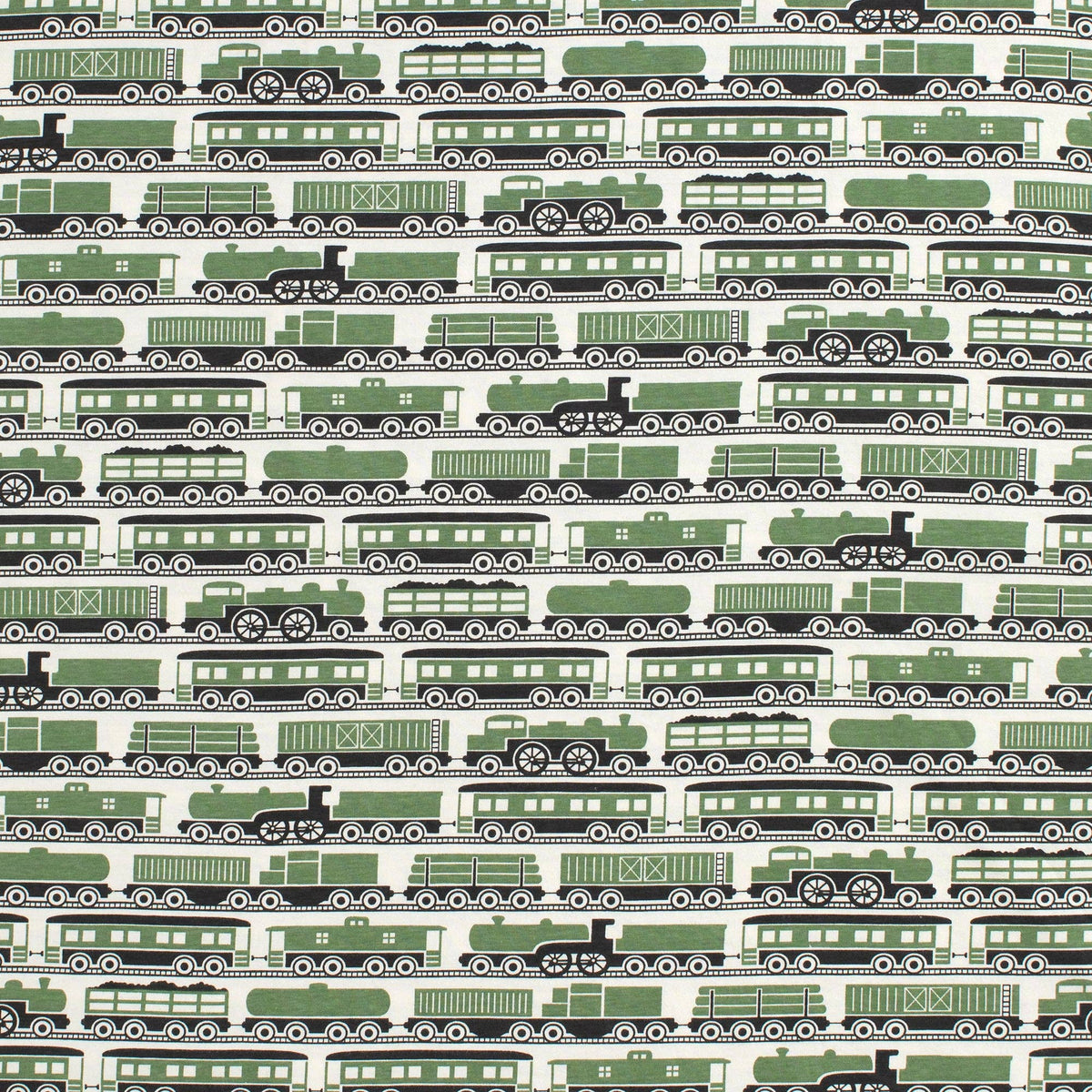 Pattern of green trains on a white background