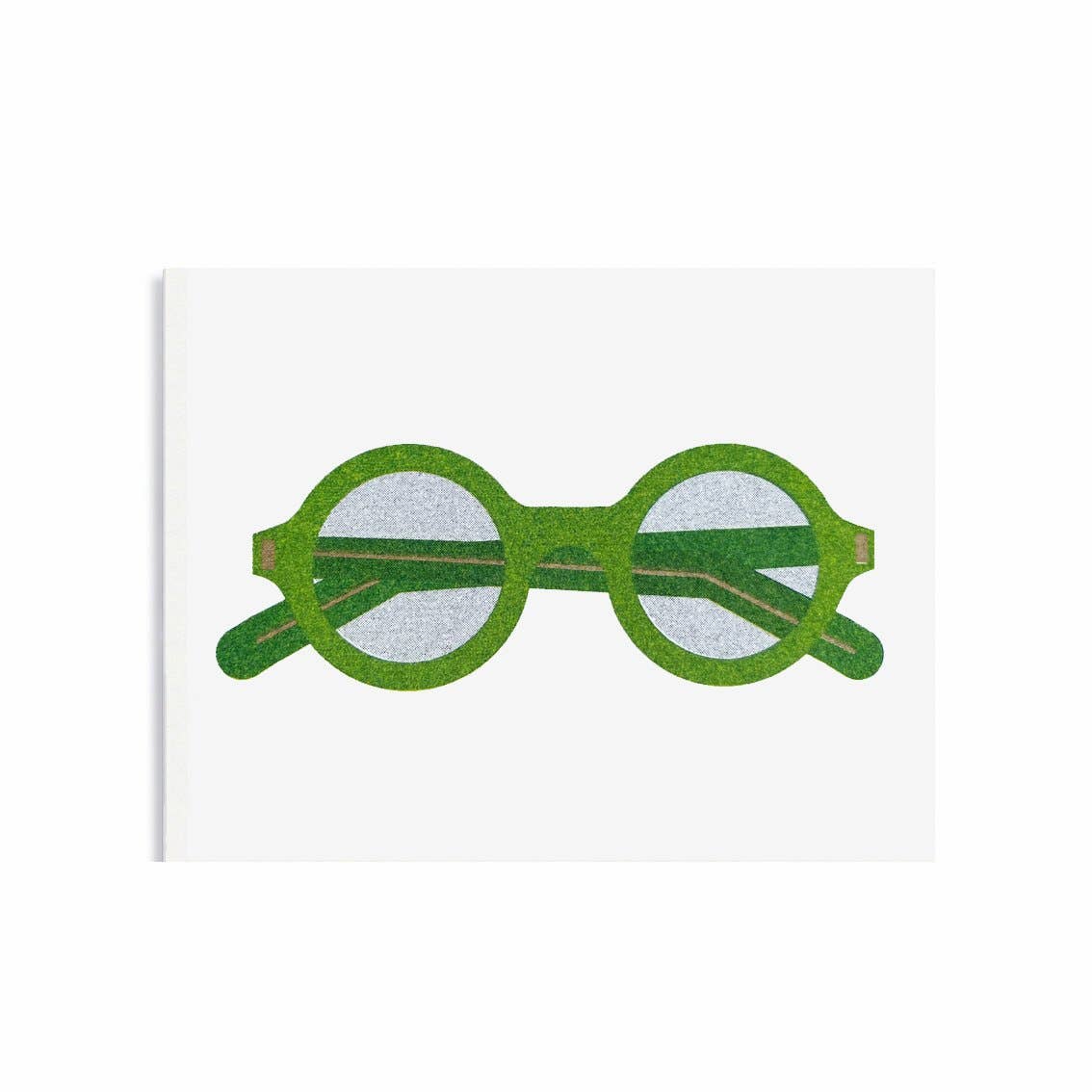 A mini greeting card with a depiction of green spectacles on the front, made with soy-based inks and FSC certified card stock.