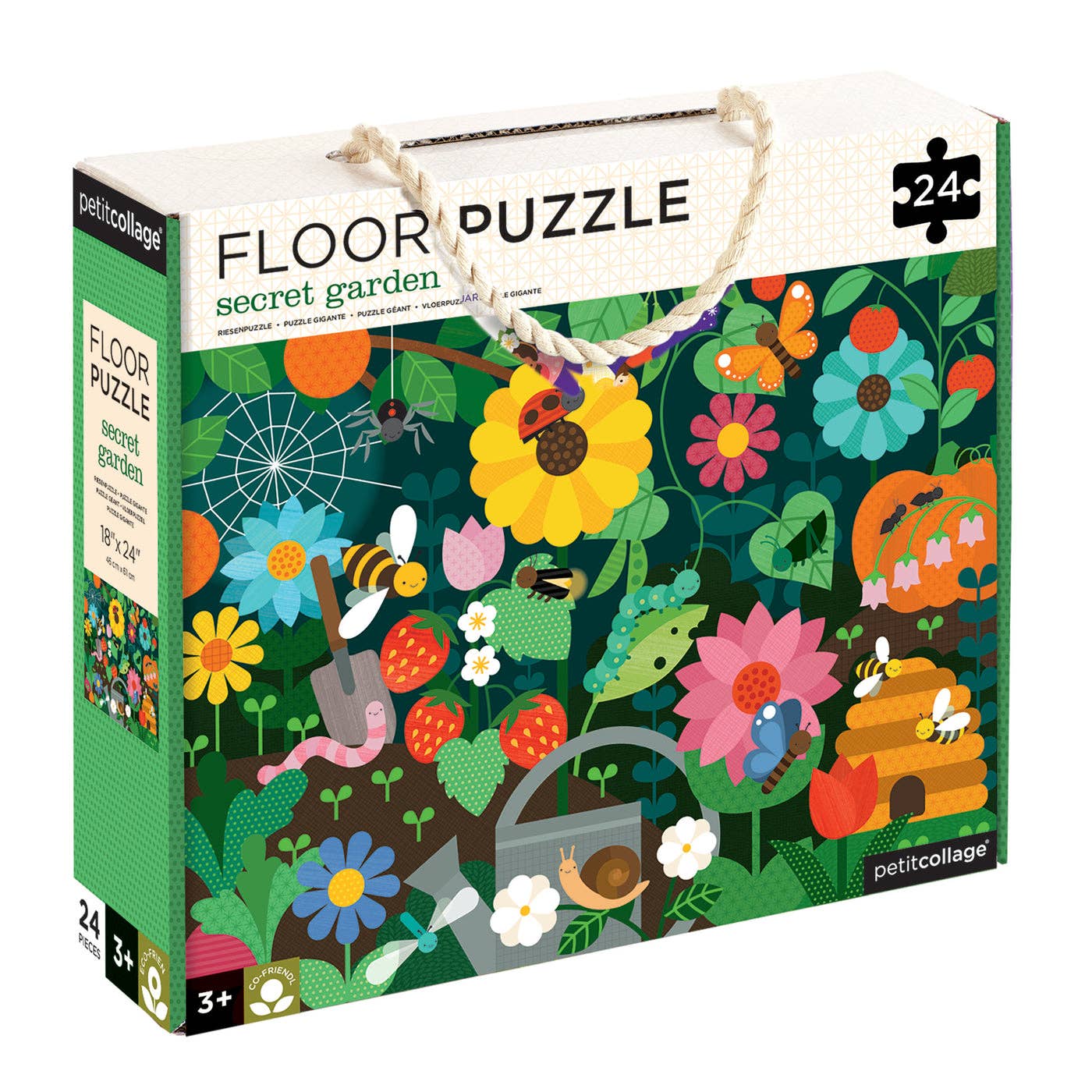 Floor puzzle packaging with colorful garden design and 'petit collage' branding.