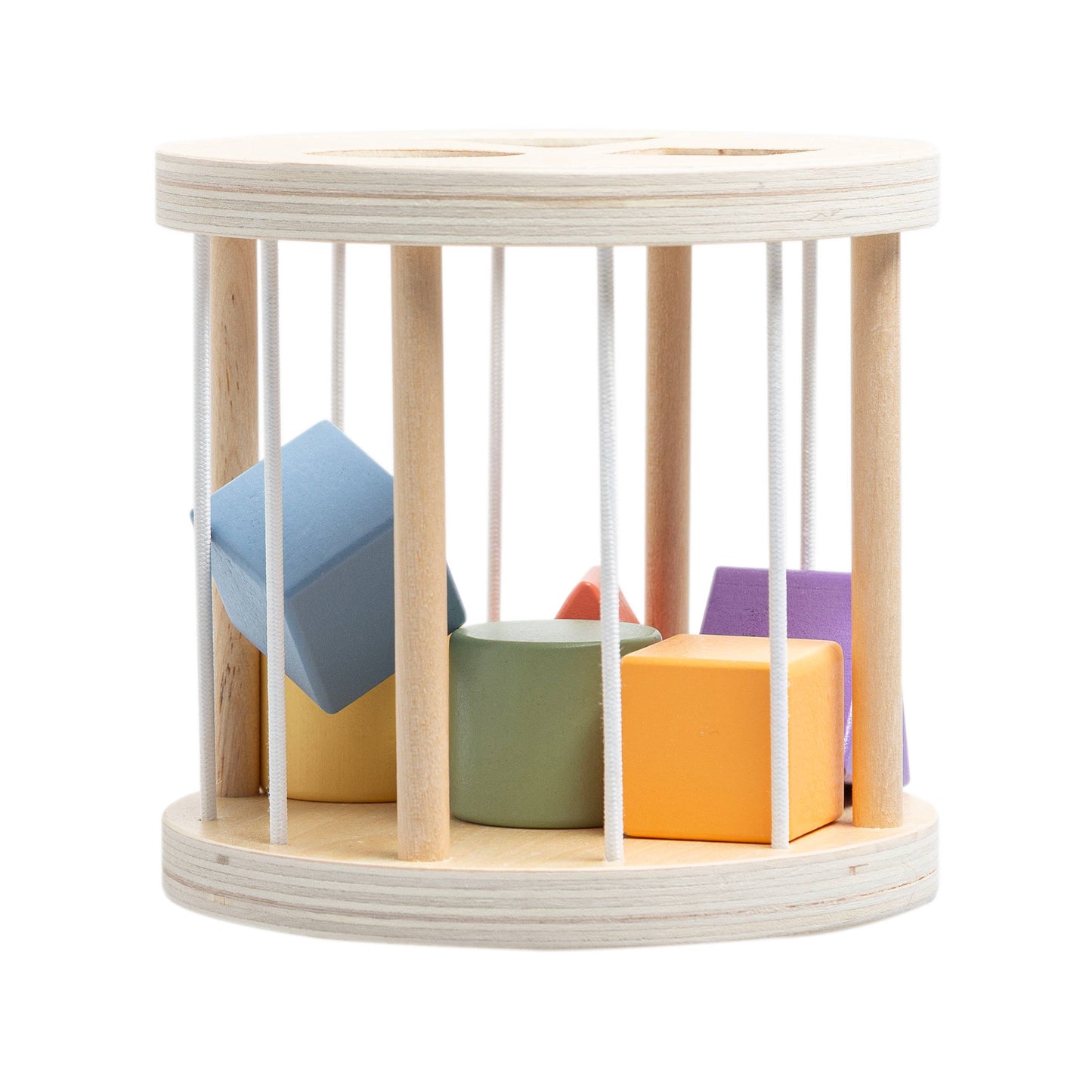 Wooden toy cage with colorful blocks on a white background