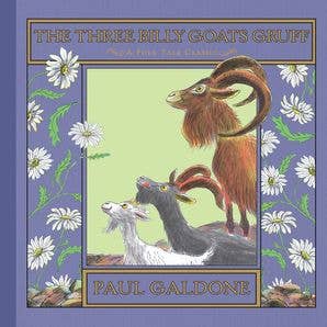 Cover of 'The Three Billy Goats Gruff' book by Paul Galdone with illustrations of goats and flowers.