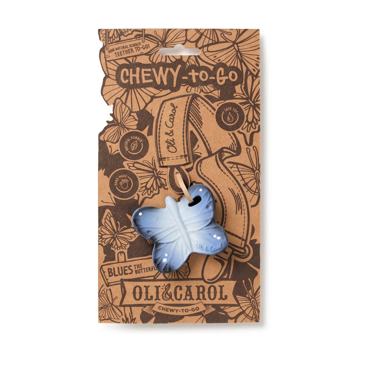 Blue butterfly-shaped chew toy in Oli & Carol packaging on a white background