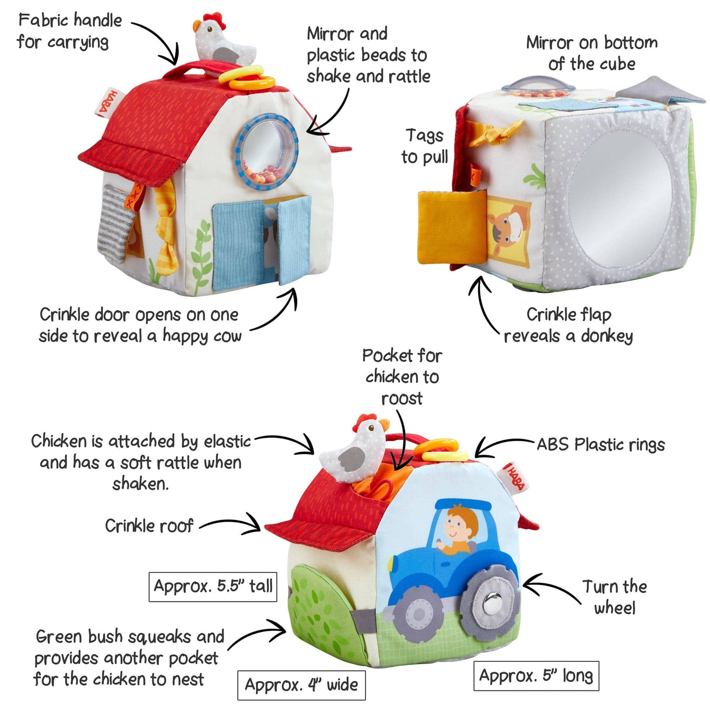 Children's toy with various interactive elements labeled on a white background