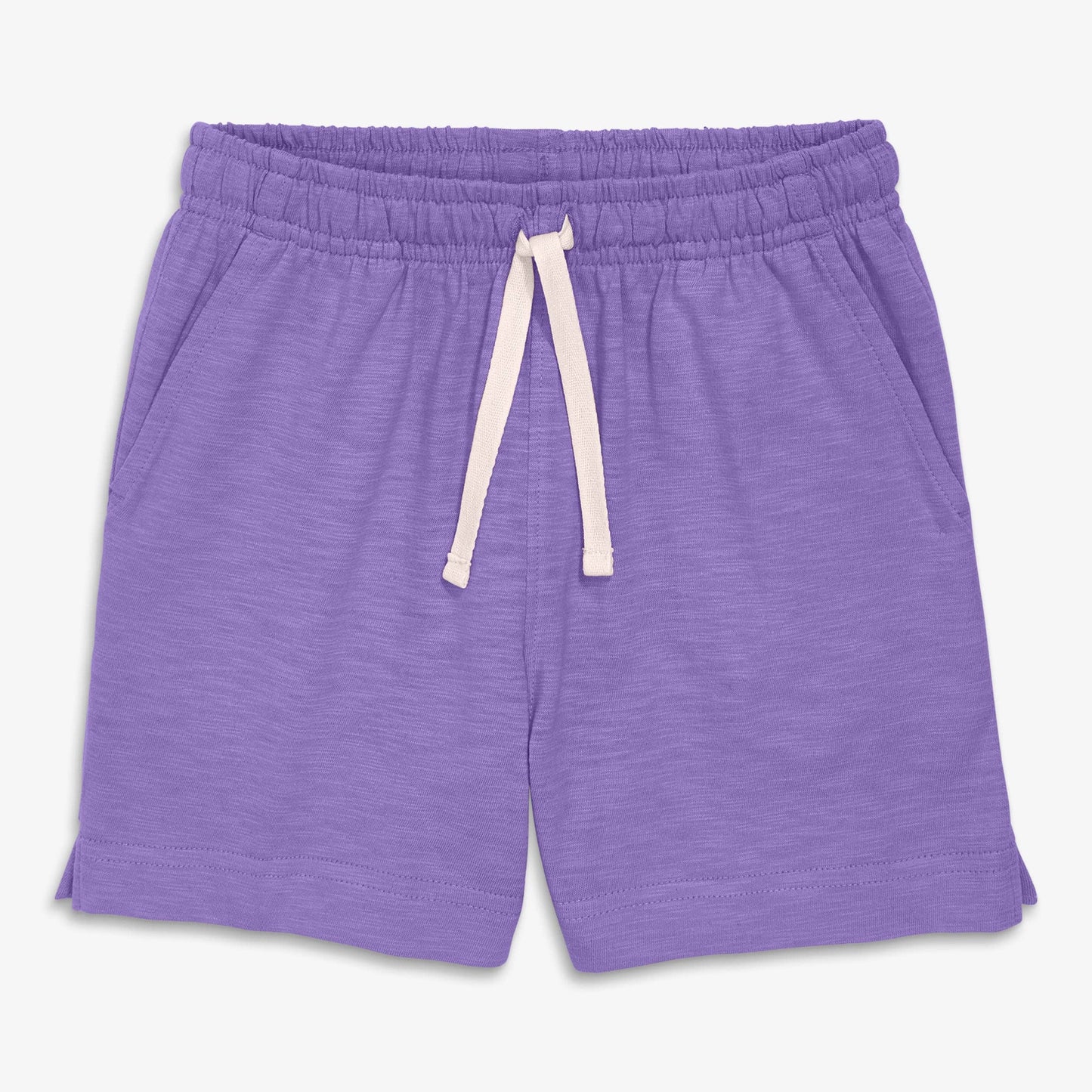 Purple shorts with a drawstring on a white background