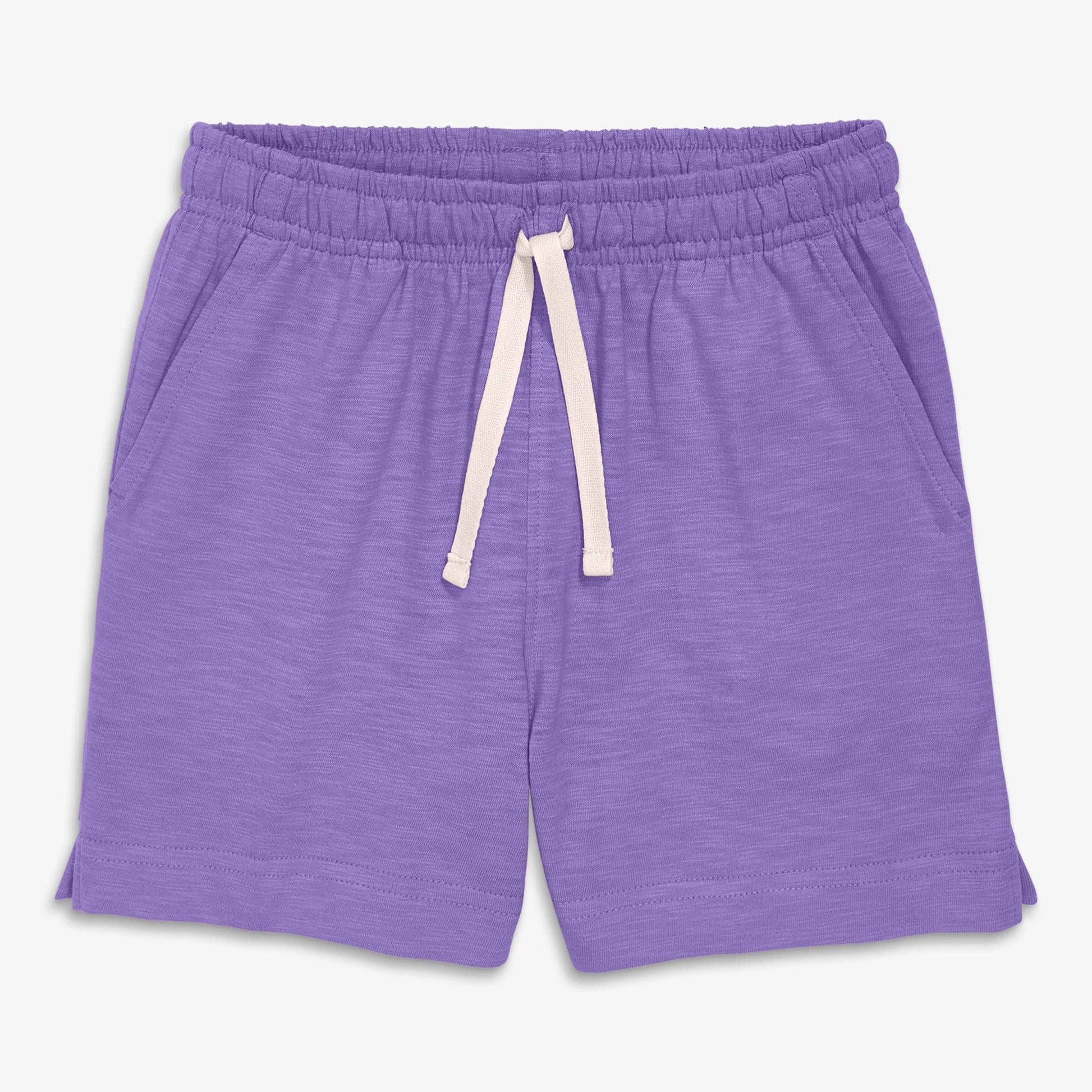 Purple shorts with a drawstring on a white background