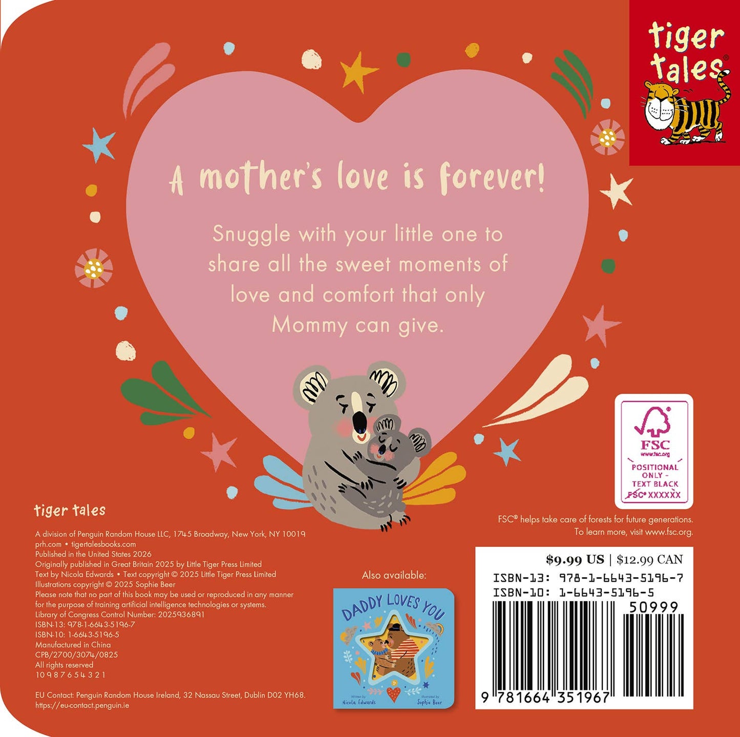 Back cover of a children's book with a heart and text about mother's love, featuring the brand 'Tiger Tales'.