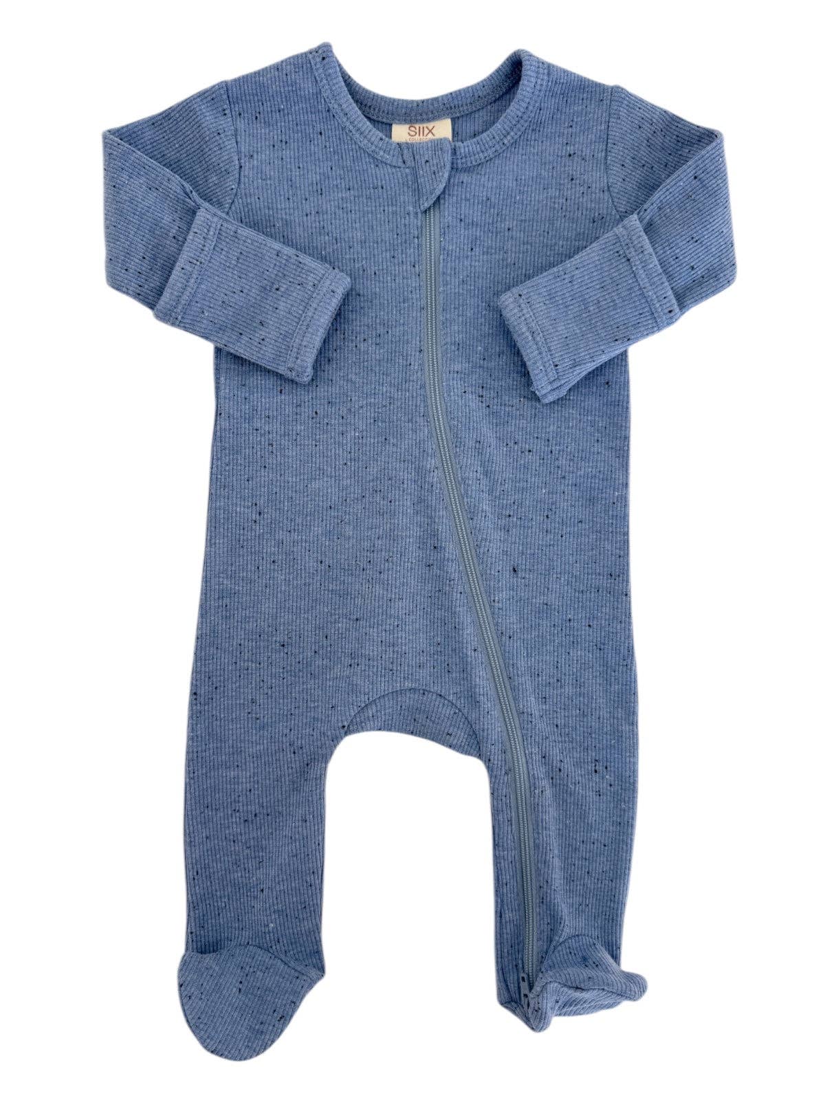 Blue baby onesie with a zipper on a white background