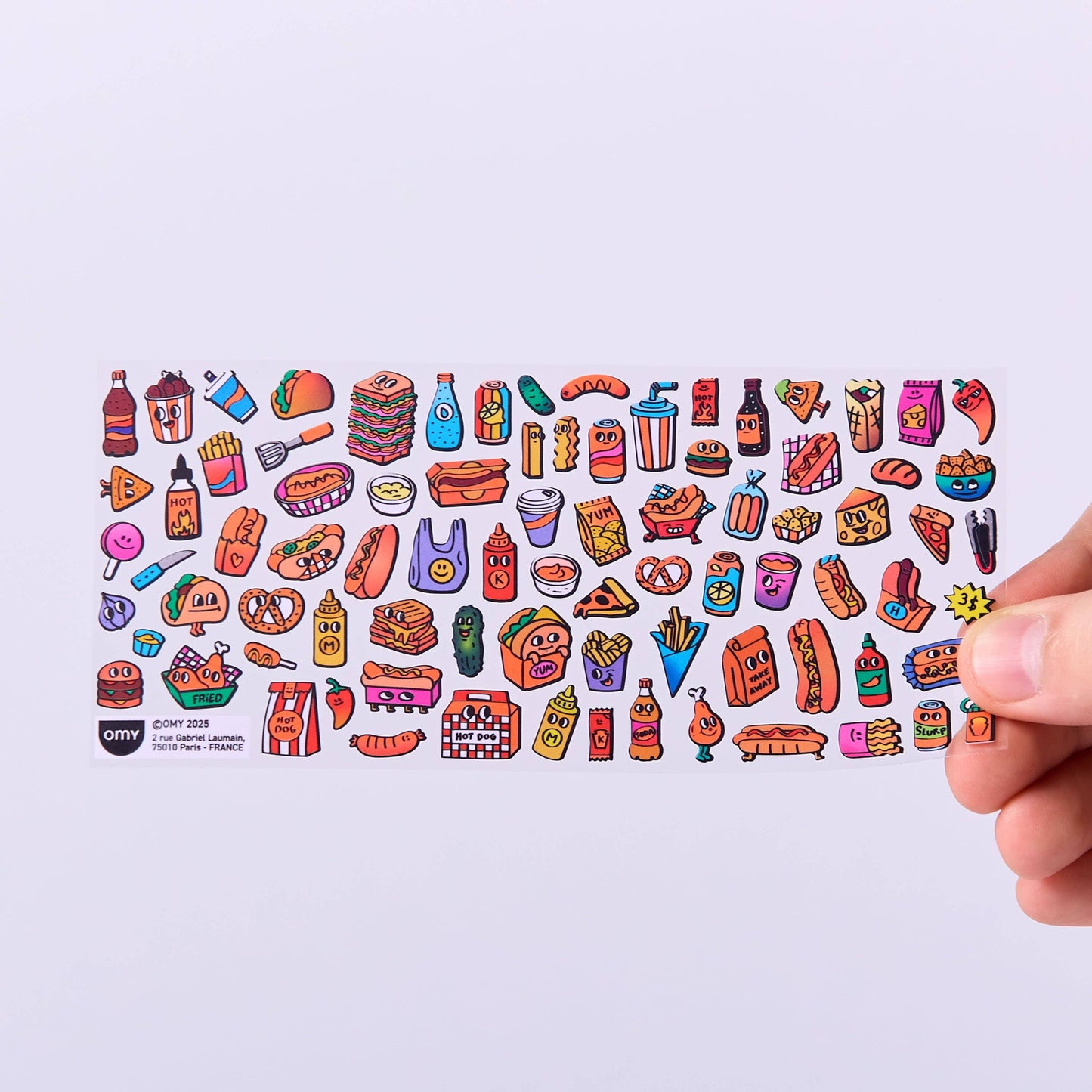 Collection of colorful food-themed stickers arranged in a pattern on a light purple background.