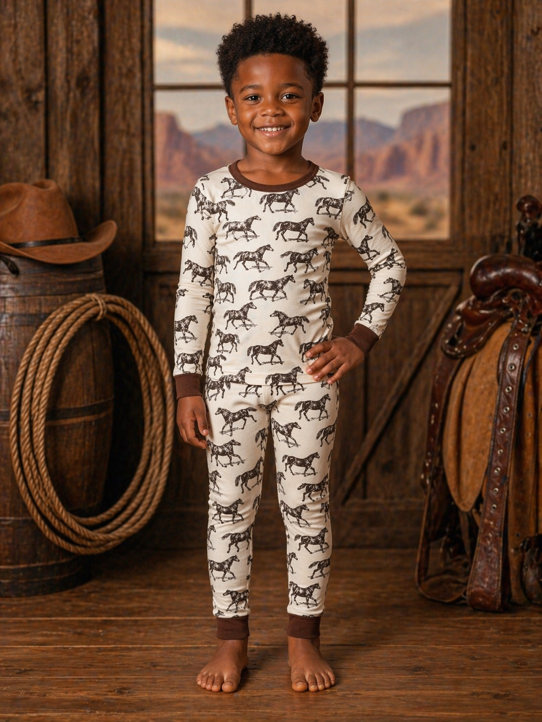 Child wearing horse-patterned pajamas in a rustic setting with wooden barrels and a window view.