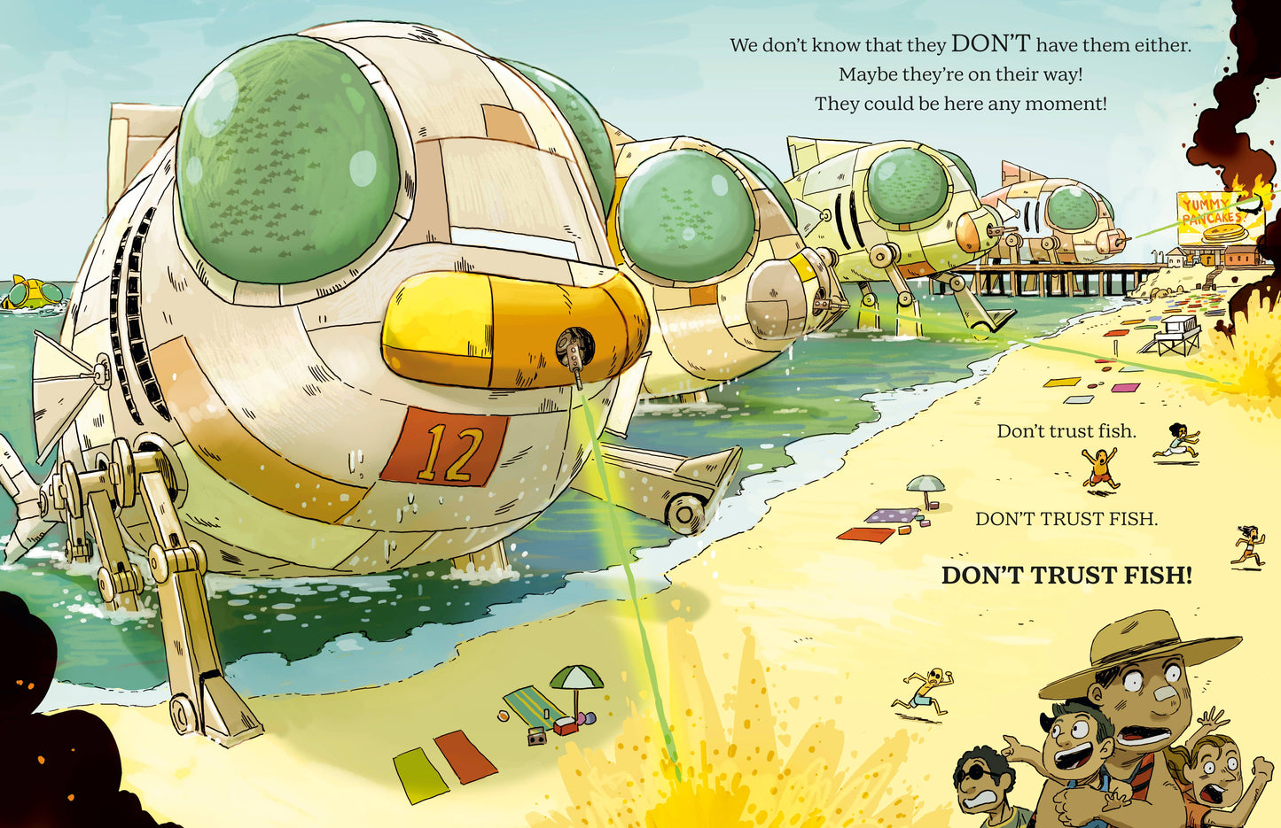 Cartoon scene with a large robot-like vehicle on a beach, people in hats, and text about not trusting fish.