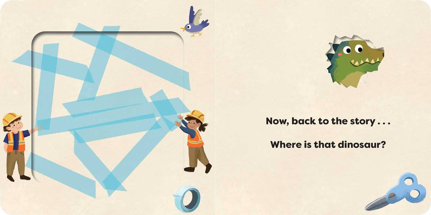 Illustration of children building with blue blocks and a dinosaur, with text asking 'Where is that dinosaur?'