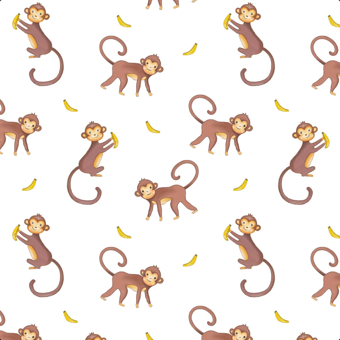Pattern of cartoon monkeys and bananas on a white background