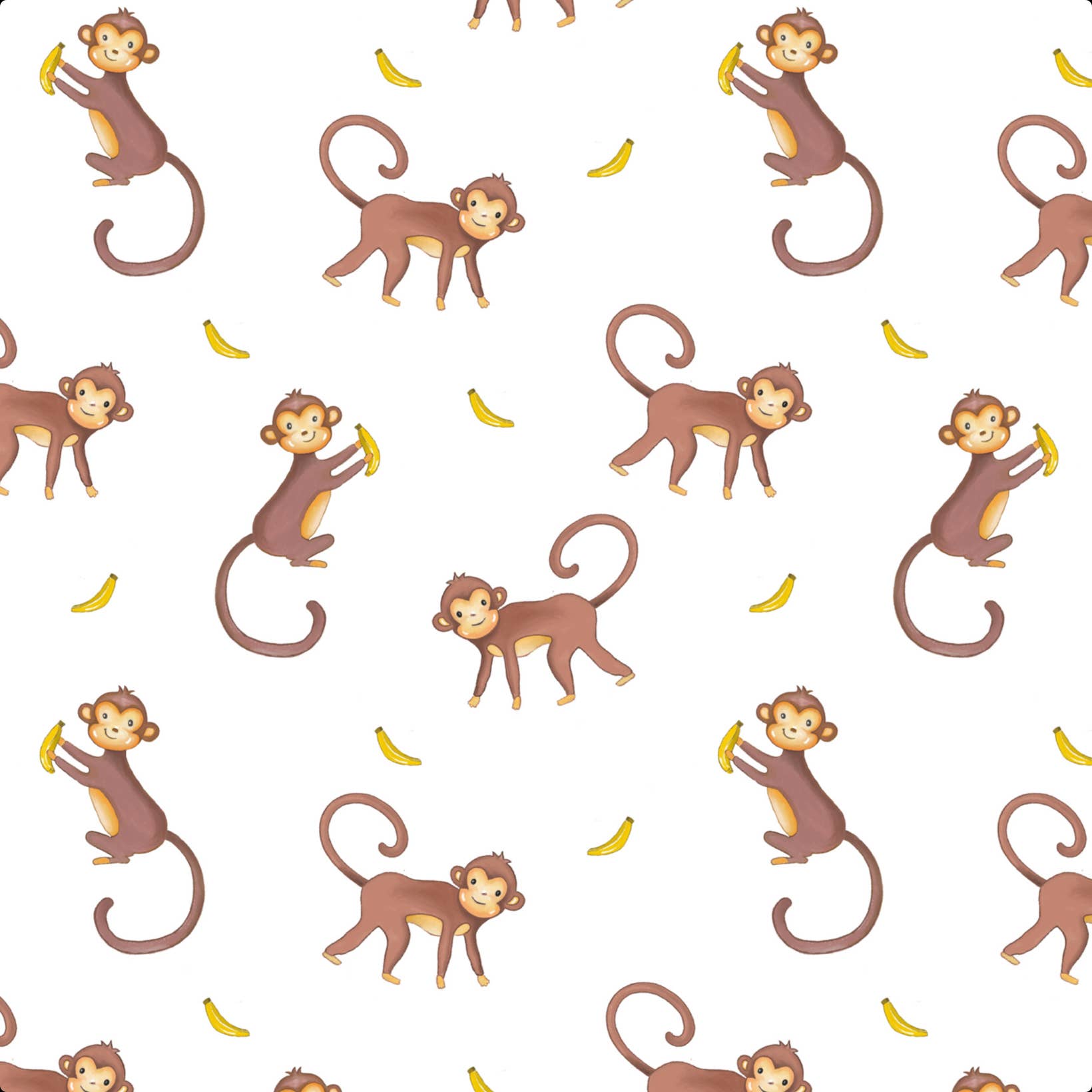 Pattern of cartoon monkeys and bananas on a white background