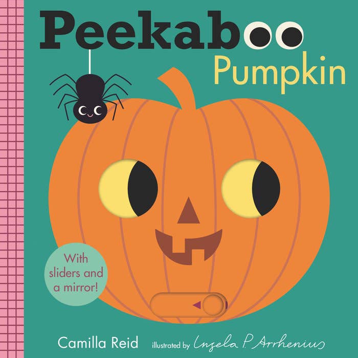 Book cover of 'Peekaboo Pumpkin' with a pumpkin face and spider on a teal background.
