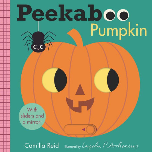 Book cover of 'Peekaboo Pumpkin' with a pumpkin face and spider on a teal background.