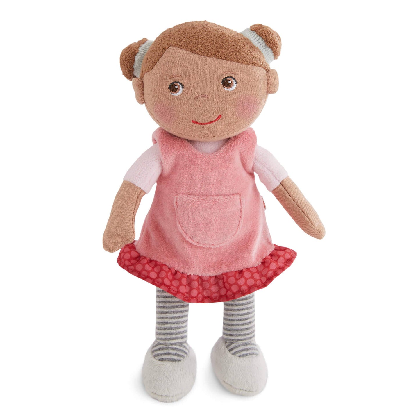 Plush doll with a pink dress and red skirt on a white background