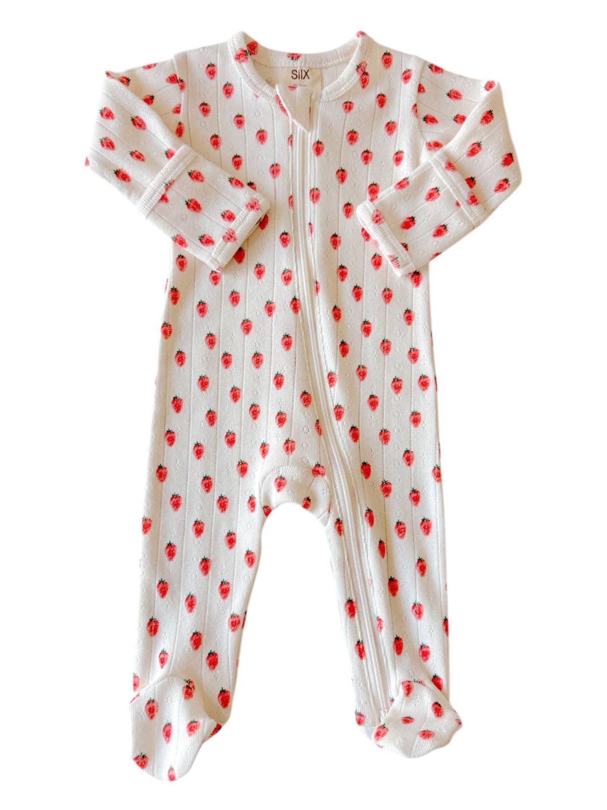 Baby onesie with red berry pattern on a white background