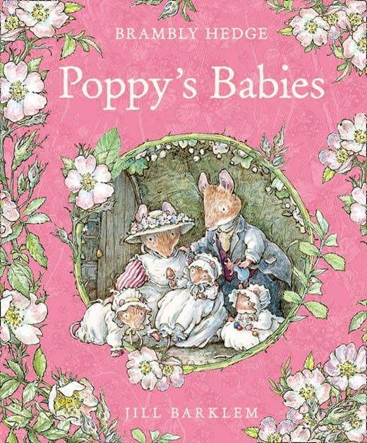 Book cover of 'Poppy's Babies' from Brambly Hedge series with illustration of a family and floral design.