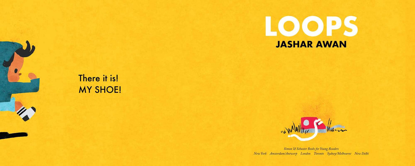 Book cover of 'Loops' by Jashar Awan with a child running and a shoe on a yellow background.