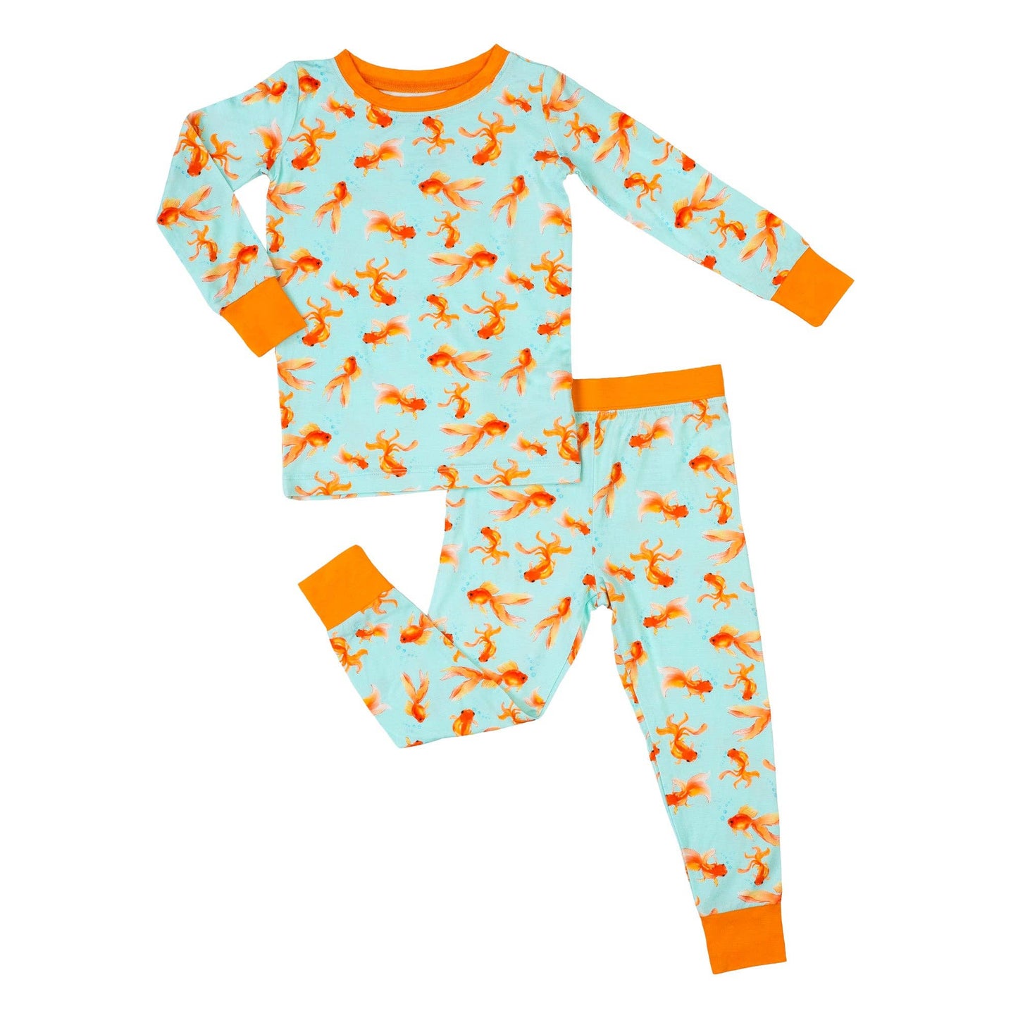 Children's pajama set with orange goldfish pattern on light blue background