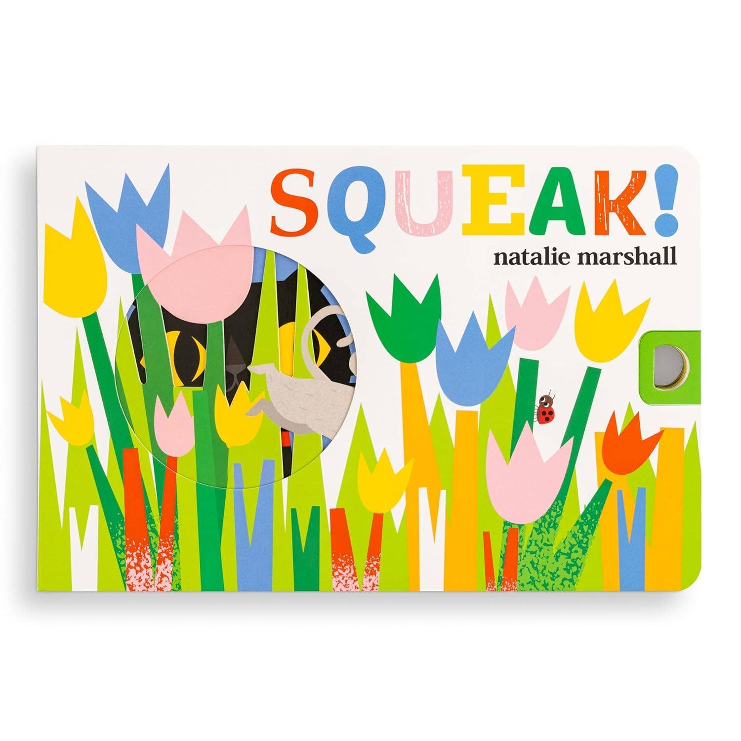 Book cover of 'SQUEAK!' by Natalie Marshall with colorful flowers and a cat illustration.