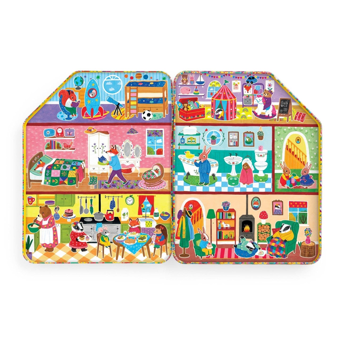 Colorful metal house magnetic box with various rooms and activities on a white background