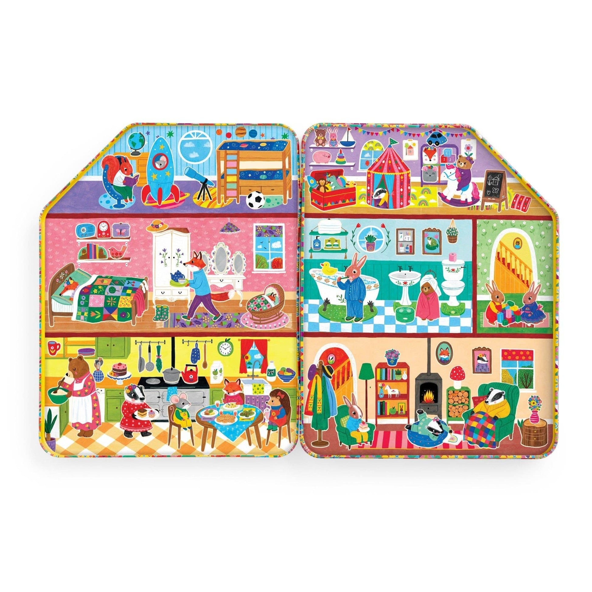 Colorful metal house magnetic box with various rooms and activities on a white background