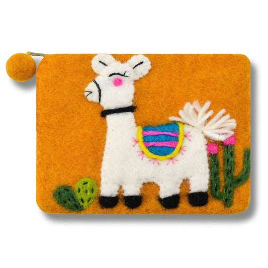 Felt coin purse with a llama design on an orange background