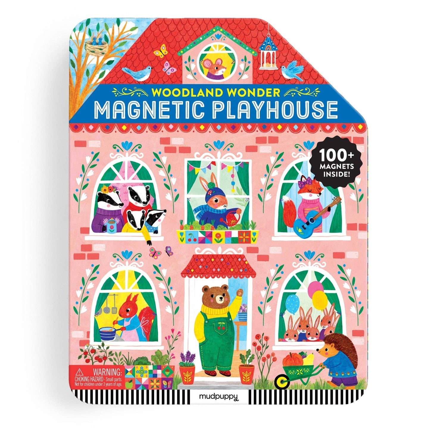 Woodland Wonder Magnetic Playhouse packaging with colorful illustrations of animals and a house.