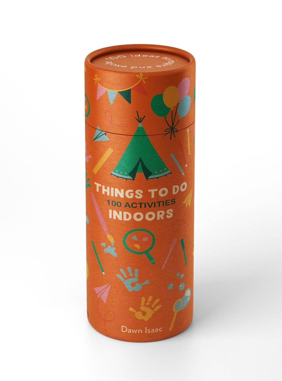 Orange cylindrical book titled 'Things to Do: 100 Activities Indoors' by Dawn Isaac on a white background