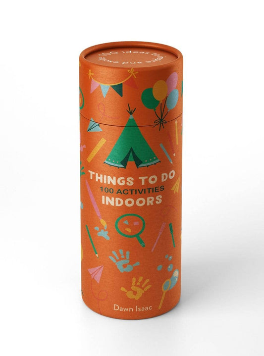 Orange cylindrical book titled 'Things to Do: 100 Activities Indoors' by Dawn Isaac on a white background