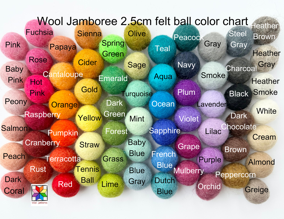 Color chart of Wool Jamboree 2.5cm felt balls with labeled colors on a white background.