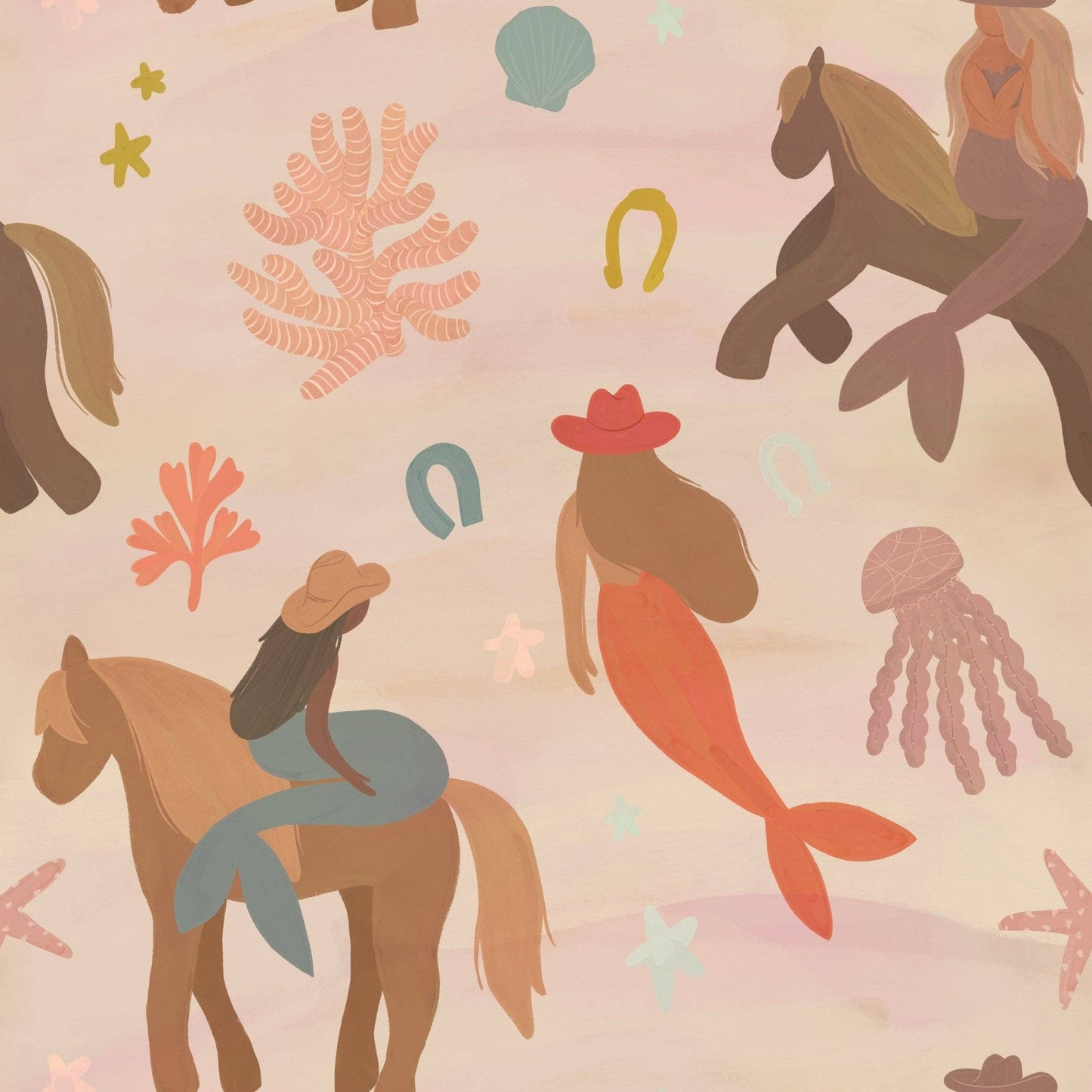 Illustration of a mermaid and a horse with sea-themed elements on a light pink background.