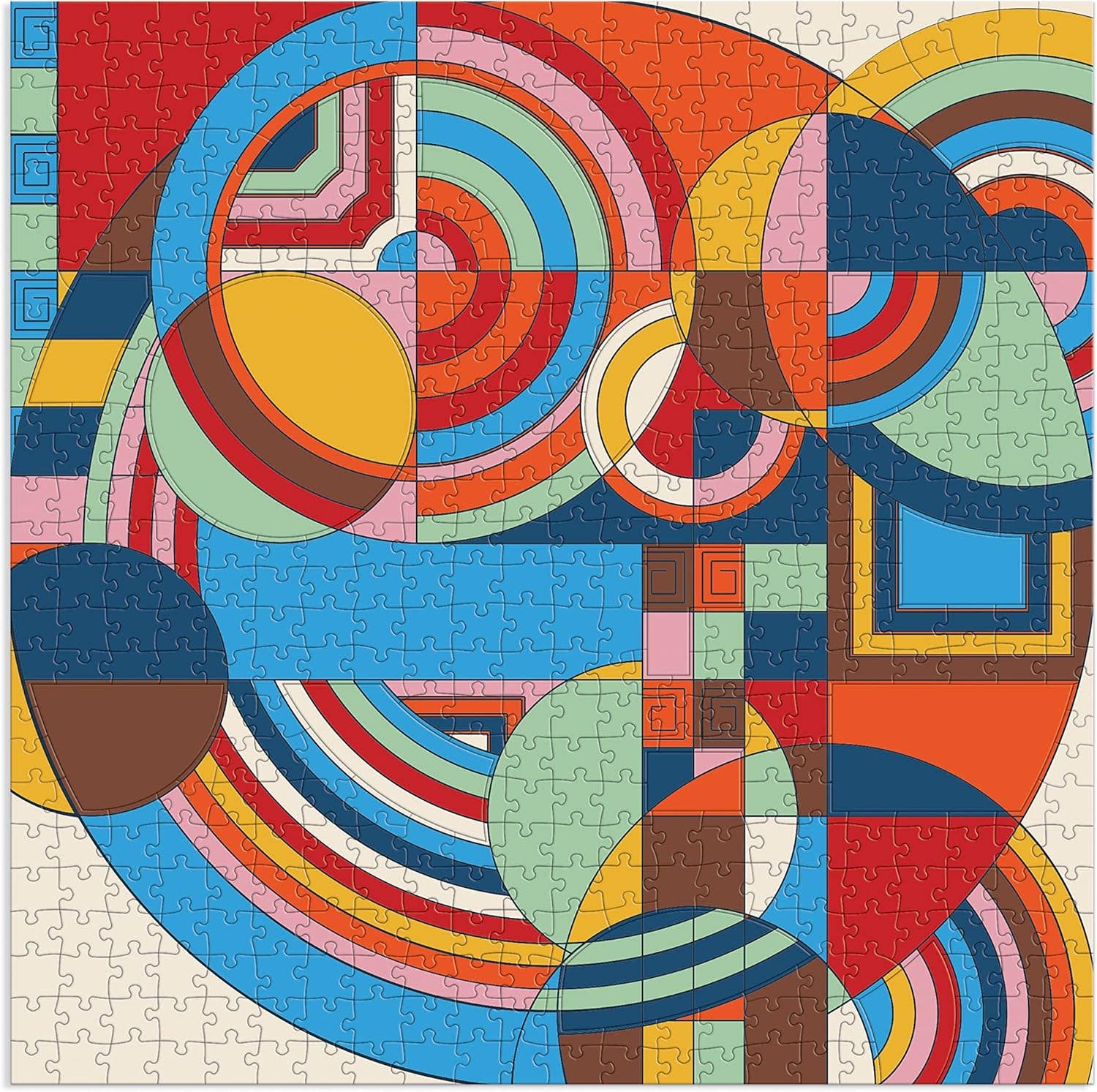 Colorful geometric puzzle with circular and square shapes on a white background