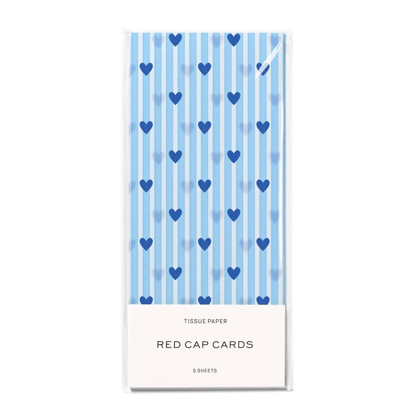 Tissue paper pack with blue heart pattern and 'Red Cap Cards' branding