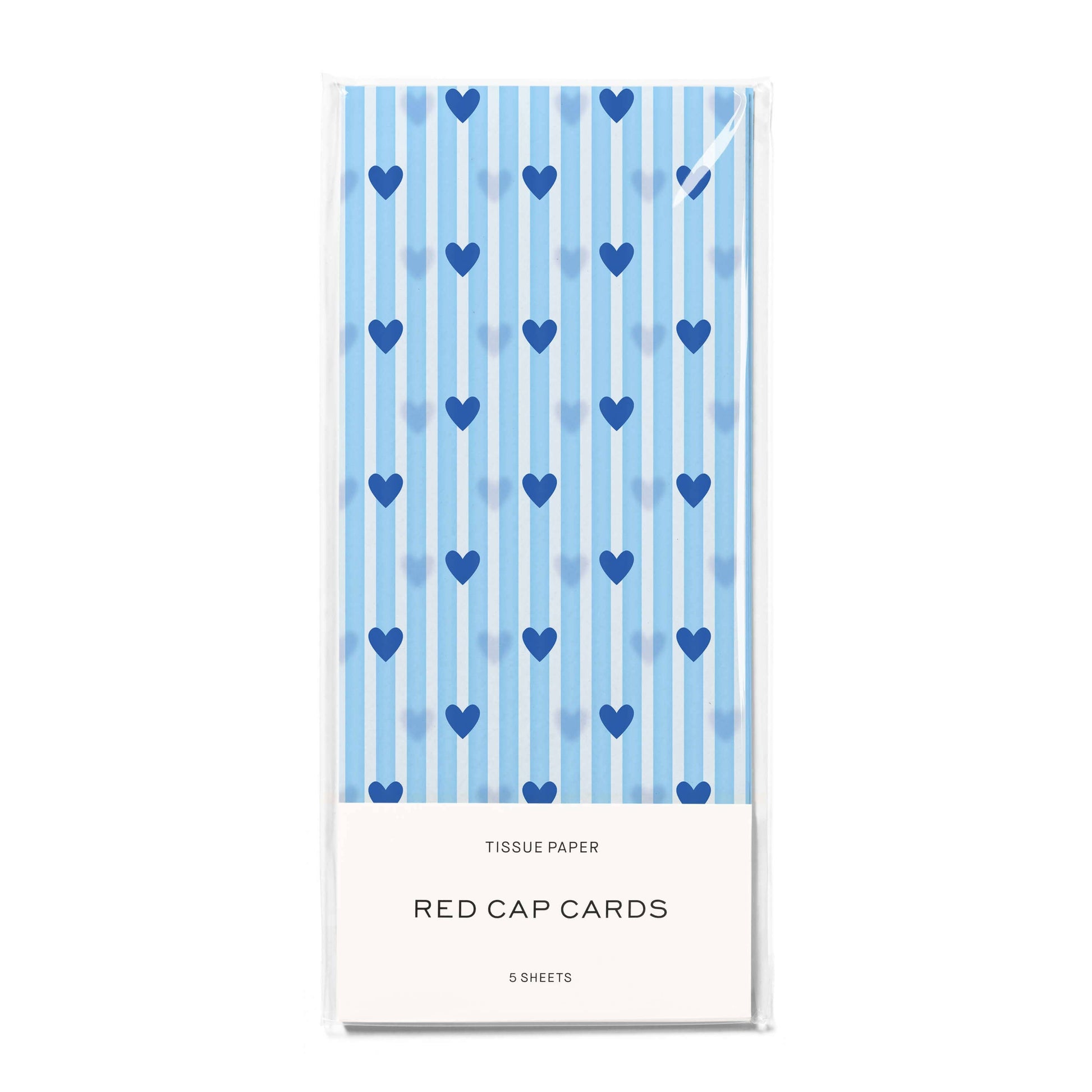 Tissue paper pack with blue heart pattern and 'Red Cap Cards' branding