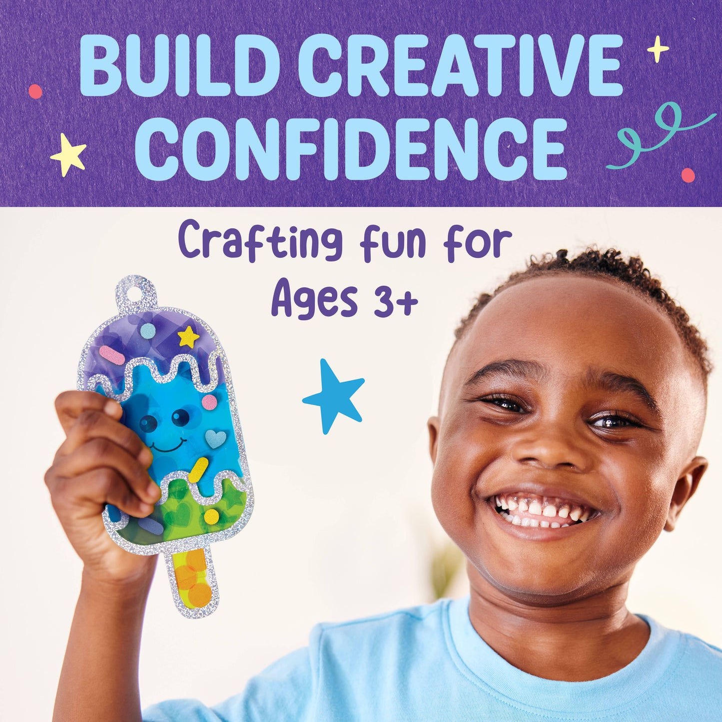 Child holding a colorful craft project with text about building creative confidence and crafting fun for ages 3 and up.